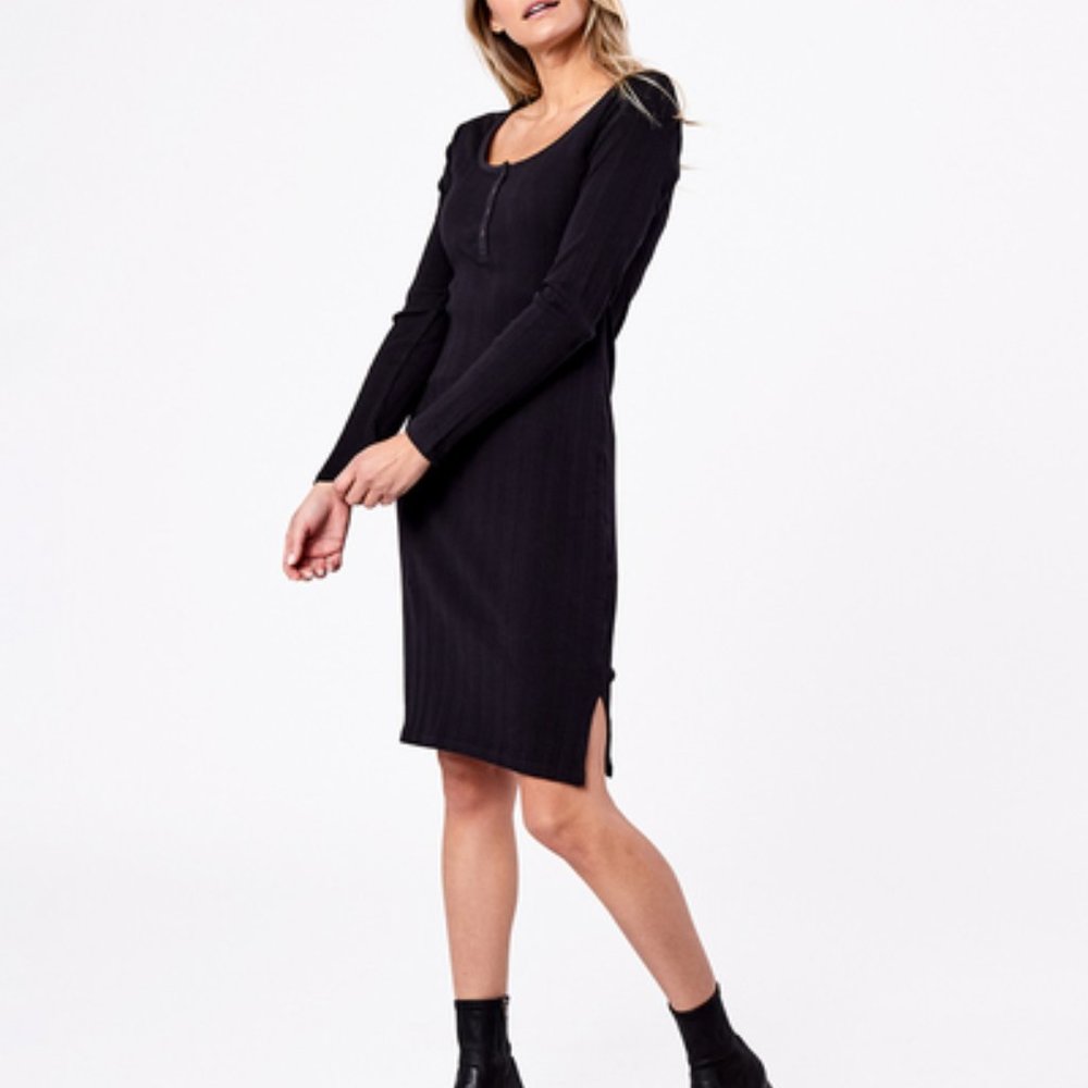 Pact Black Rib Knit Henley Dress